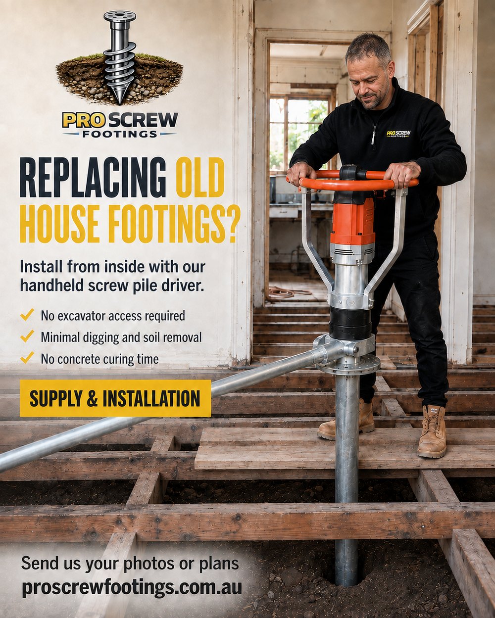 Replacing old house footings. Install from inside with our handheld screw pile driver.