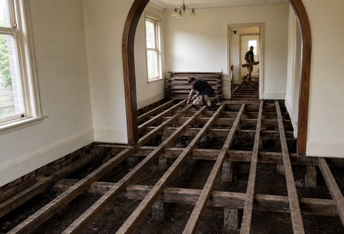 Floor framing lifted across a full room of an older home, exposing the original stumps and the ground beneath