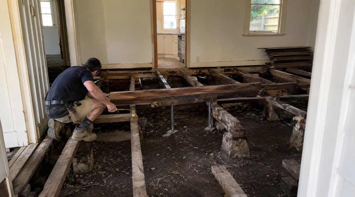 Exposed timber subfloor in an older home with deteriorated stumps and temporary props, before replacement footings are installed